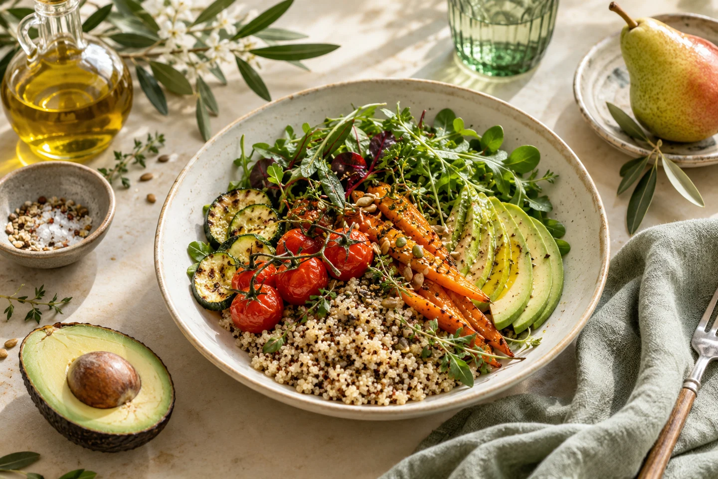 Plato de vegetales frescos y alimentos naturales sobre una mesa